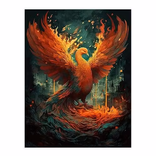 Artery8 Majestic Phoenix Bird Concept Unframed Paper Wall Art Print Poster in Blue, Orange and Red