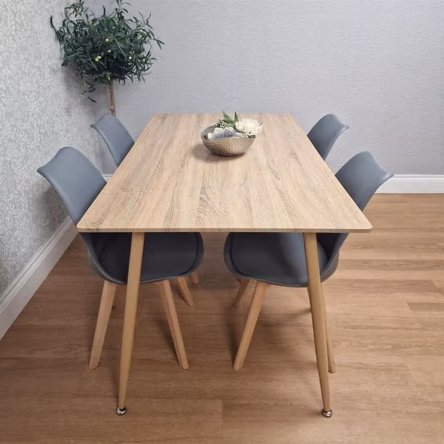 KOSY KOALA Modern 4 Seater Dining Set with Rectangular Beech Wood Effect Table and 4 Grey Chairs in Brown