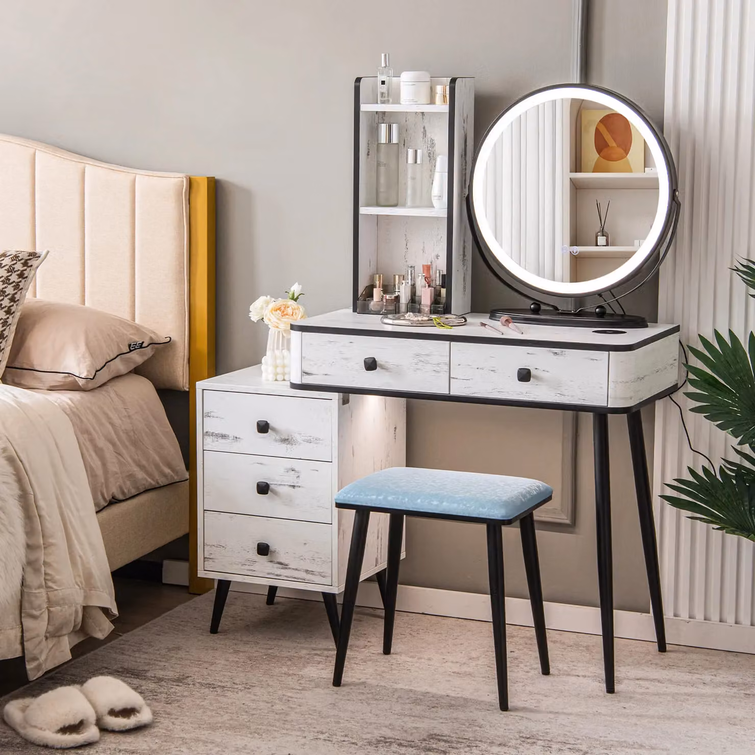 Gymax Dressing Table with Stool Set featuring 3-Colour LED Lighted Mirror and 3 Drawers in White – 2