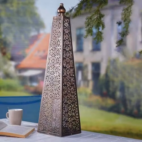 mysmartbuy Moroccan Style Pyramid Lantern Lamp, Bronze Effect, Battery Powered LED Light with Remote Control and Timer, IP44 Weatherproof, H60 x W15 cm