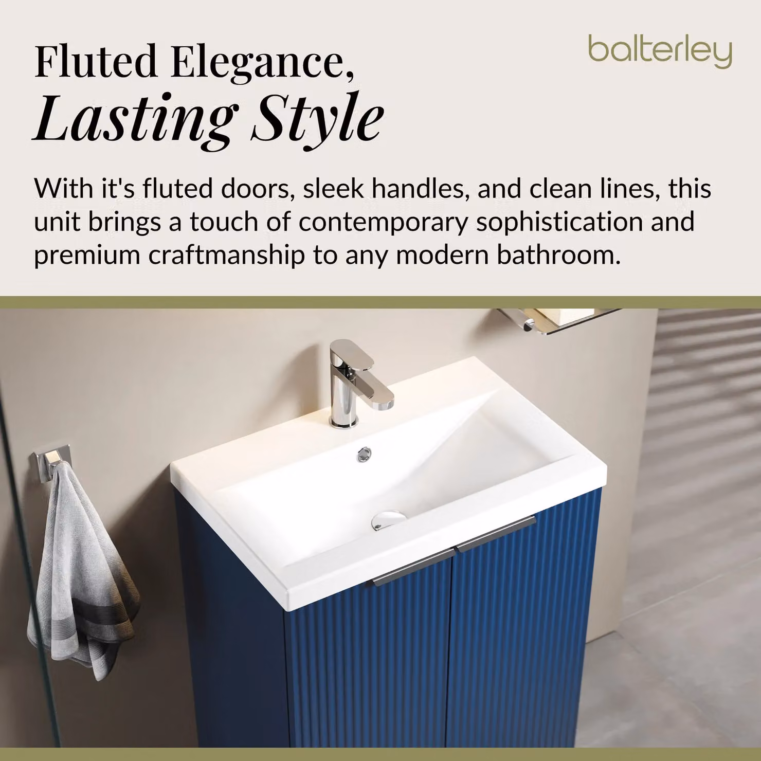Balterley Fluted Front Floor Standing 2 Door Vanity Basin Unit, Satin Blue, W: 60 cm, H: 85 cm – 3