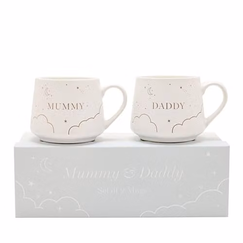 Widdop and Co Bambino Mummy and Daddy Set of 2 White and Gold Stoneware Ceramic Mugs, 350ml
