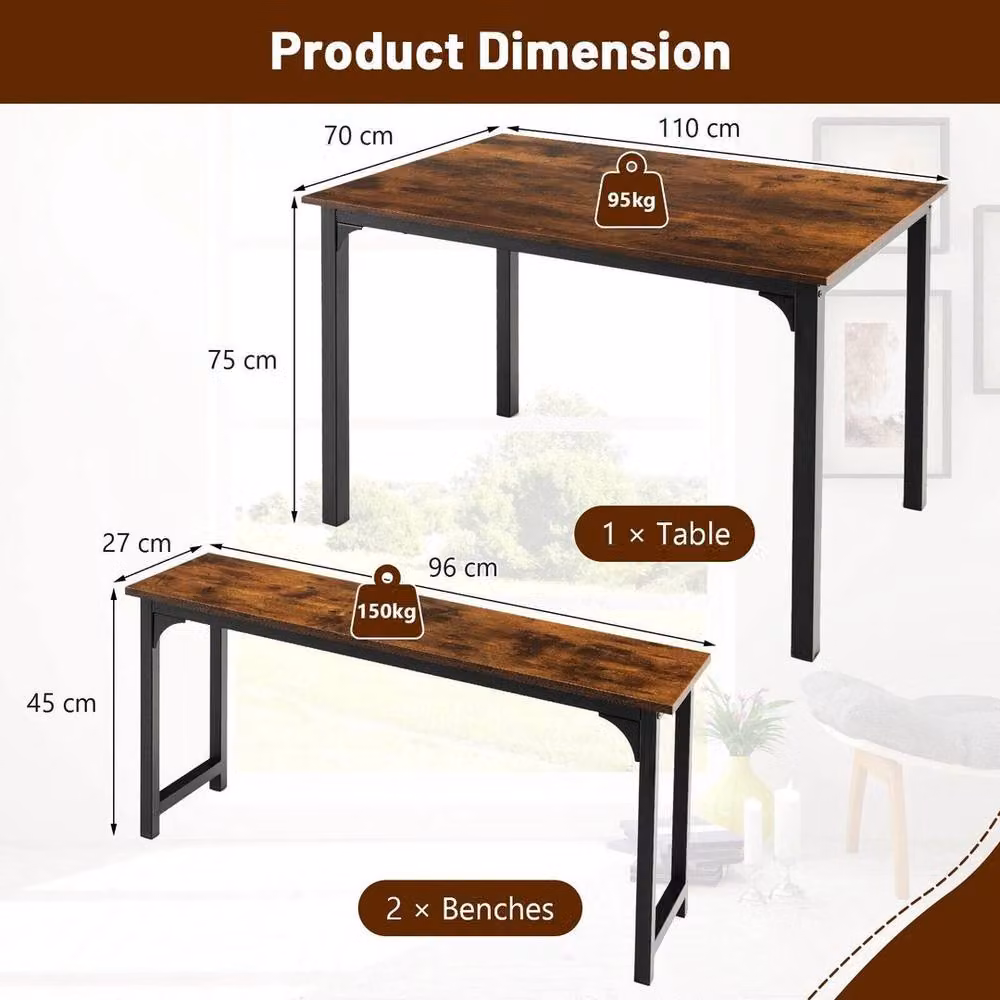Kelvenix 3-Piece Industrial Dining Table and Benches Set in Brown – 2