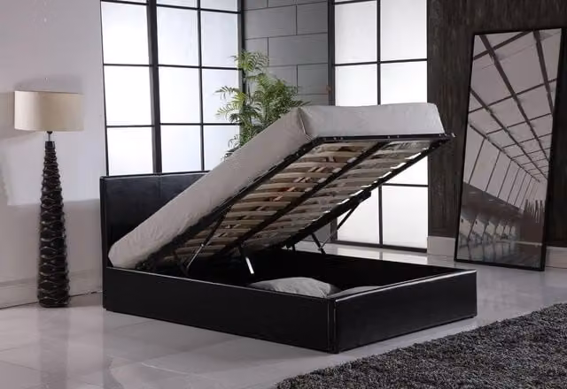 Modernique Ottoman Double Storage Bed in Black Faux Leather with Gas Lift Base, W/D/H: 120 x 200 x 89 cm