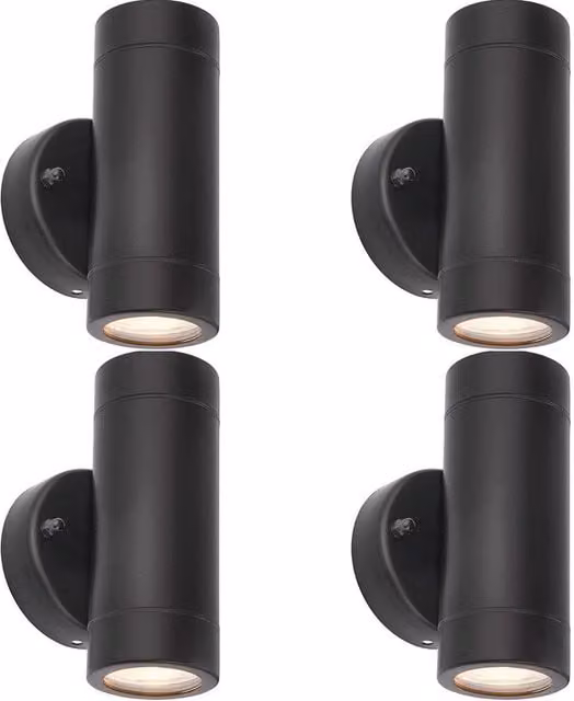 Loops 4 Pack Up & Down Twin Outdoor IP44 Wall Light in Matt Black with Transparent Glass and Stainless Steel
