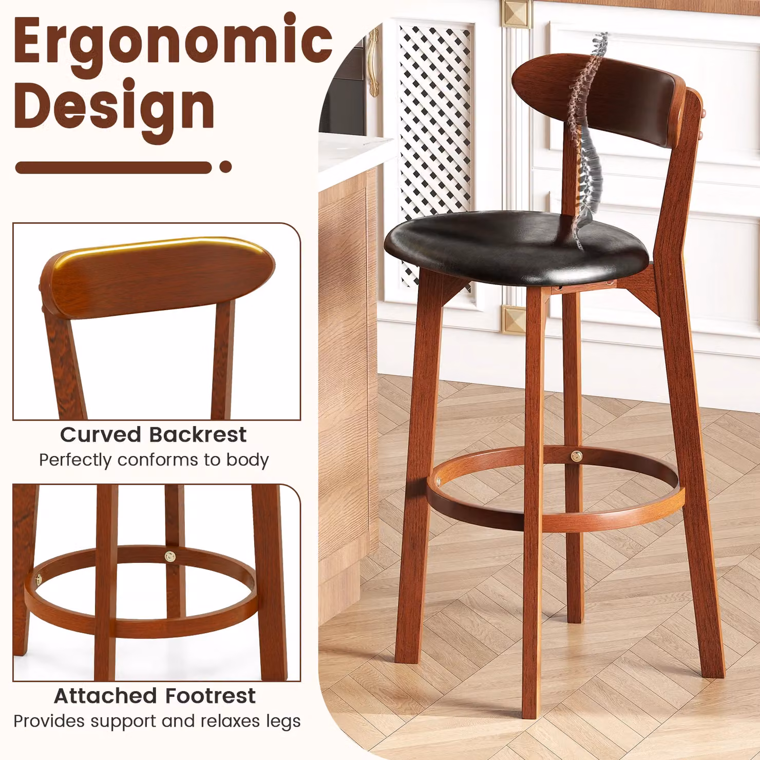 Gymax Set of 2 Modern Walnut Bar Stools with Curved Backrest and Synthetic Leather Seat, Seat Height: 77 cm – 5