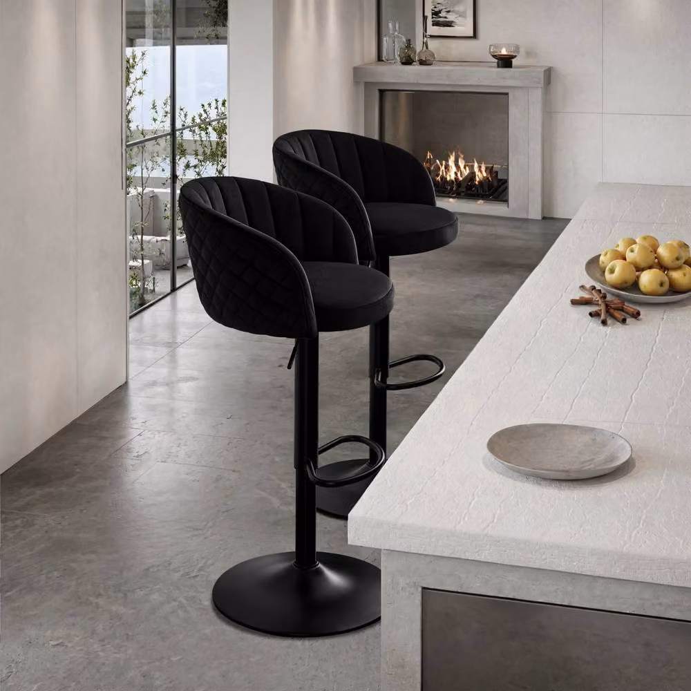 STOOLINK Set of 2 Modern Black Velvet Swivel Bar Stools with Arms and Backs – 9