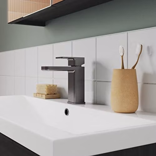 nuie WIN705 Windon Modern Bathroom Square Mono Basin Mixer Tap with Push Button Waste, Brushed Pewter – 2