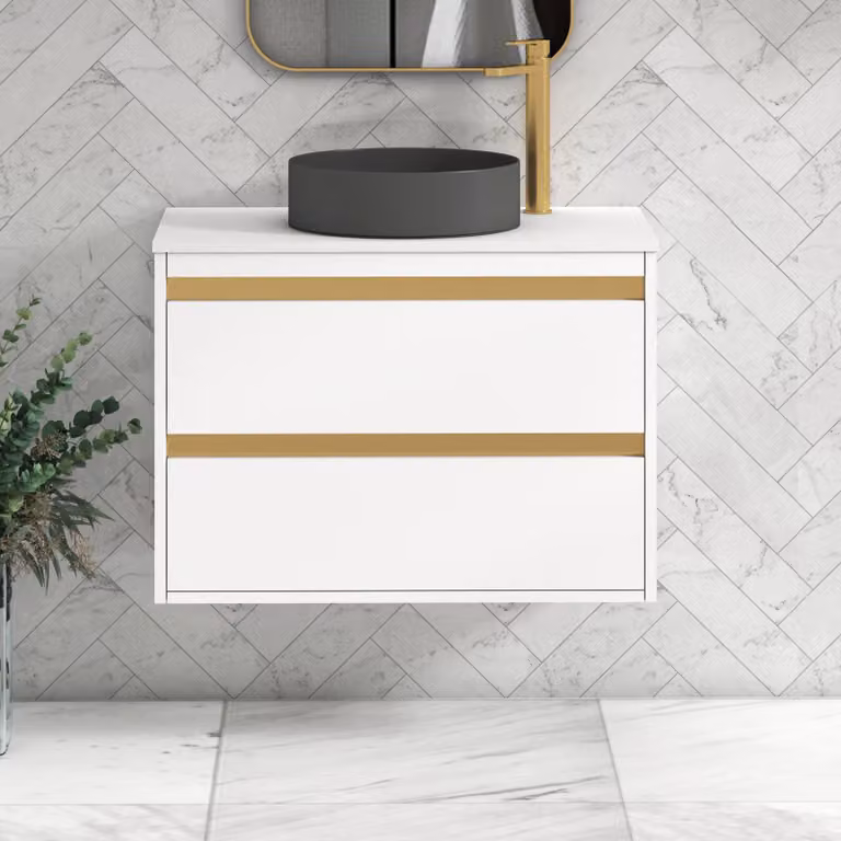 Royal Bathrooms Orion 800mm Matt White Wall Hung Vanity Unit with 2 Drawers and Art Round Basin with Brushed Brass Accent Trim
