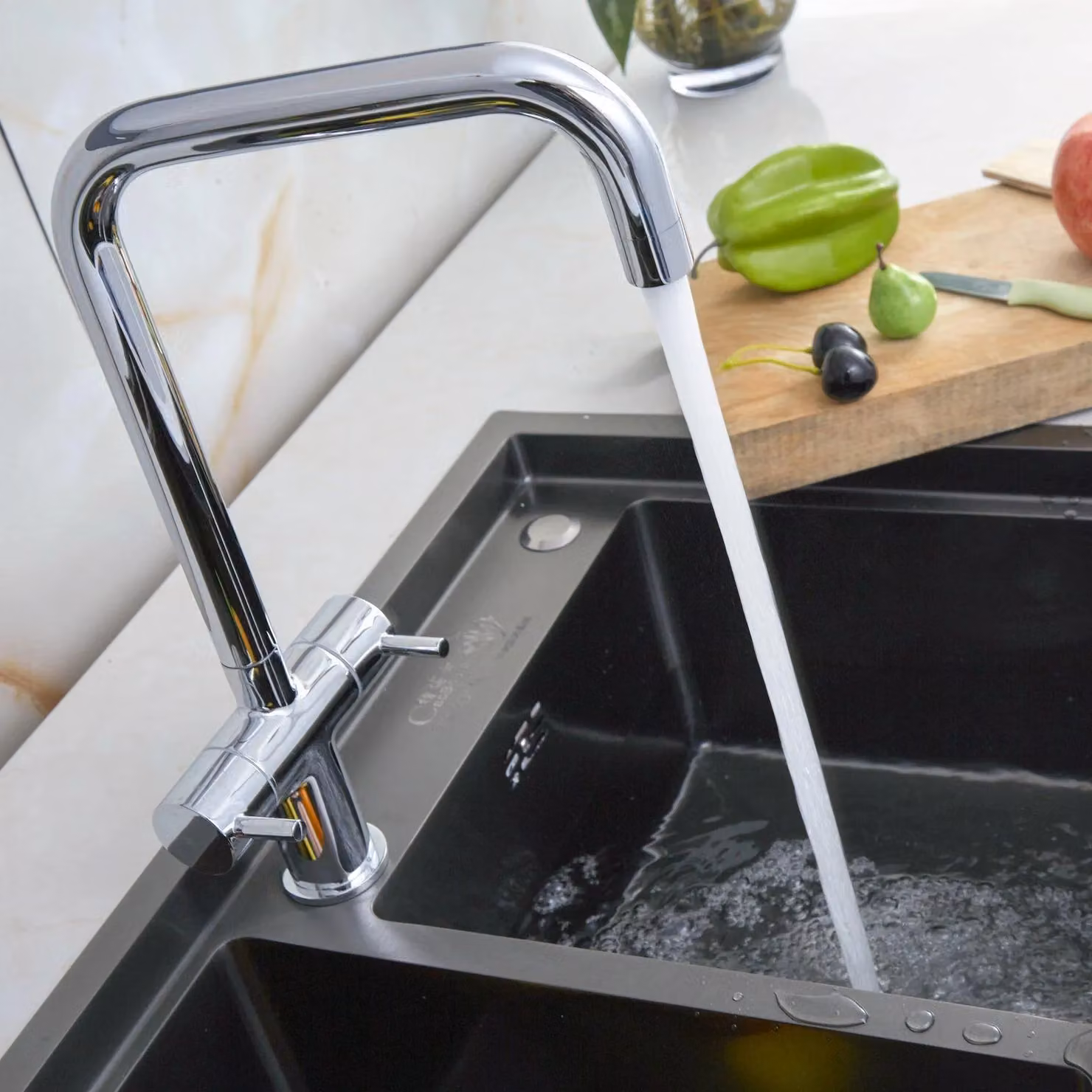 BATHWEST Dual Lever U-Neck Kitchen Mixer Tap in Silver Chrome Brass with 360 Swivel Spout – 2