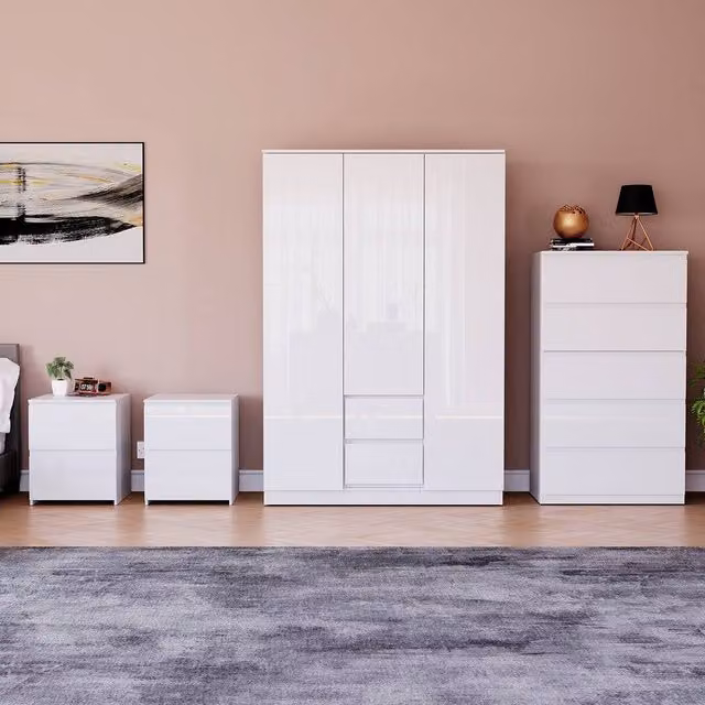 Vida Designs Glinton 4 Piece Modern Glossy White Bedroom Set