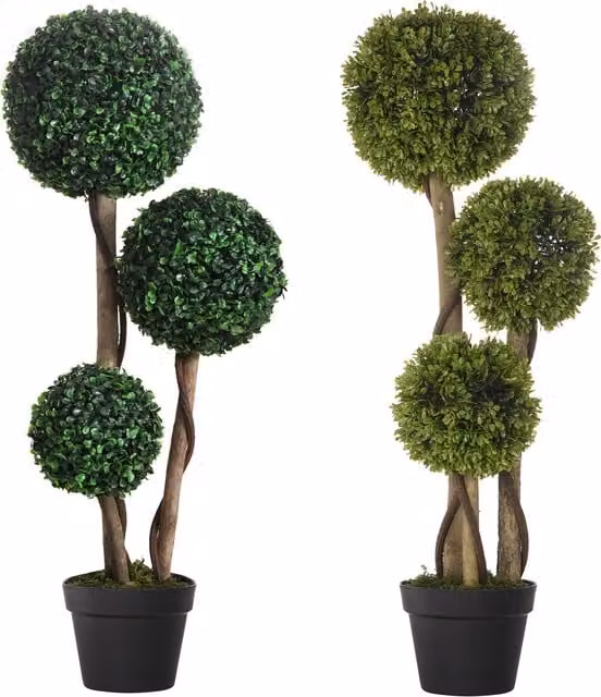 HOMCOM Set of 2 Dark Green Artificial Boxwood Ball Topiary Trees in Pots, Height: 90 cm