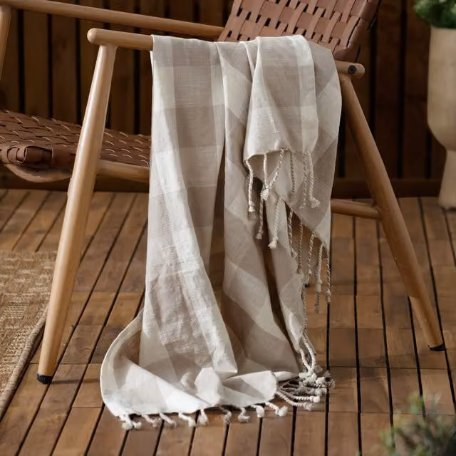Make It A Home Chesil Check Tasselled Cotton Throw in Beige and Yellow