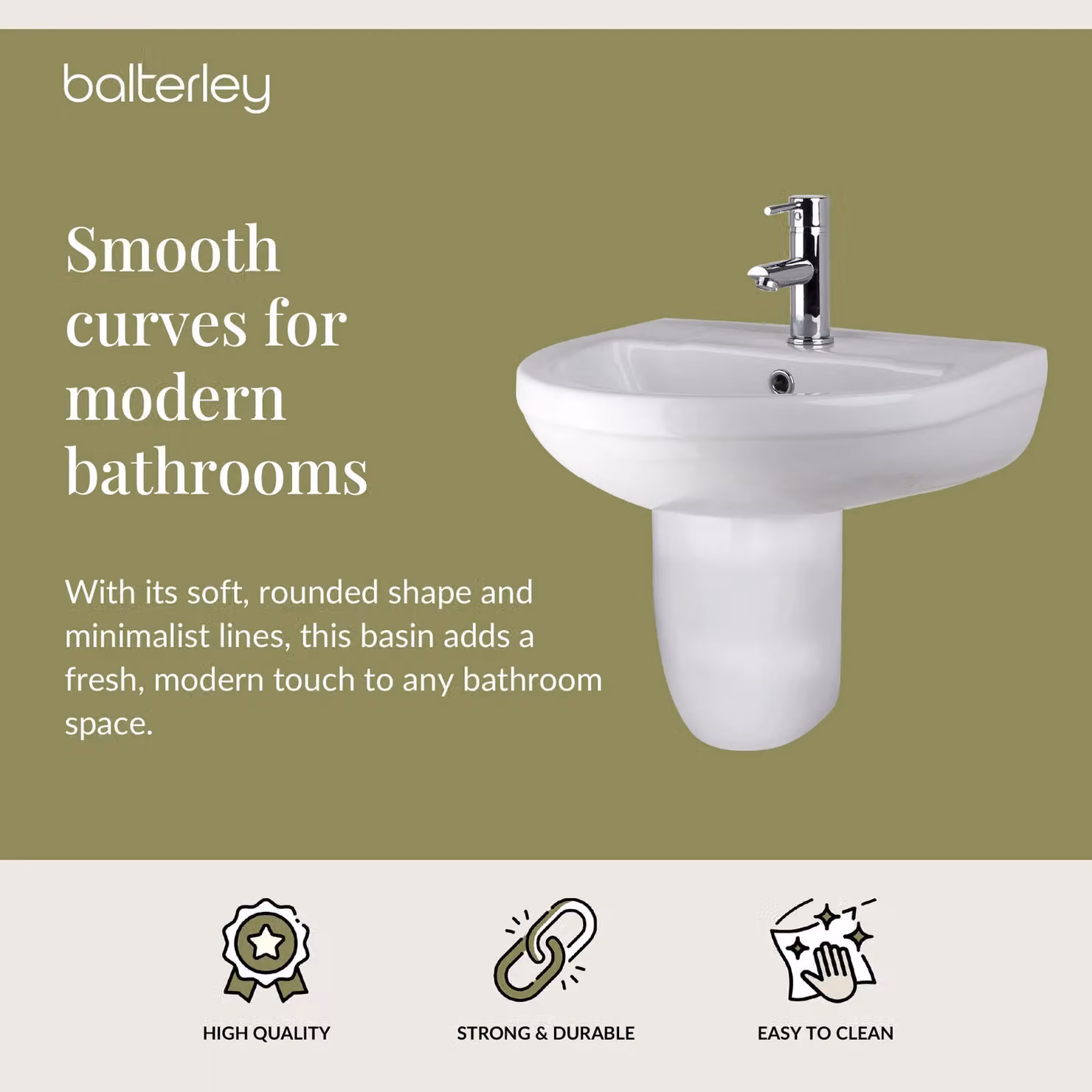 Balterley Round 1 Tap Hole Basin with Semi Pedestal, White, Width: 500 mm – 2