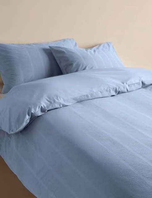 M&S Pure Cotton Striped Seersucker Duvet Cover, Dusty Blue, W: 140 cm, L: 200 cm