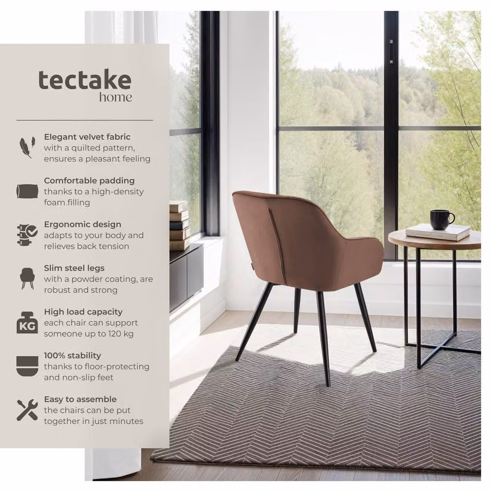 tectake Marilyn Set of 4 Dining Chairs in Brown and Black Velvet with Armrests – 2