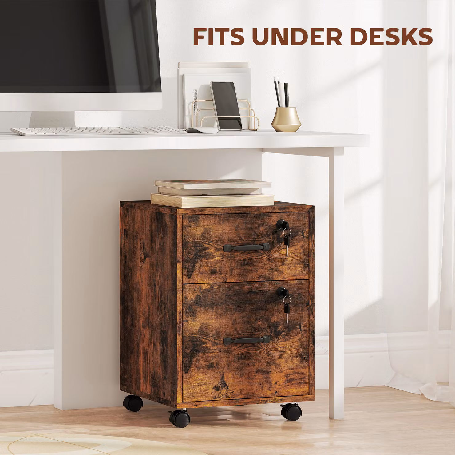 HOMCOM Rolling File Cabinet with 2 Drawers and Lock, Mobile Filing Cabinet for Letter Sized Documents, Rustic Brown – 7