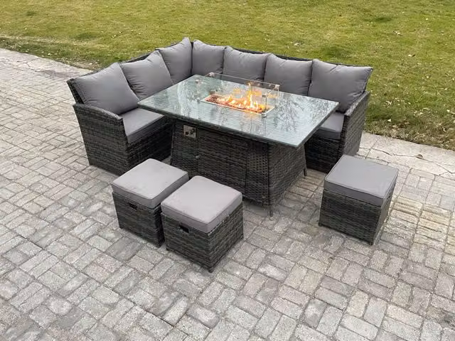 Fimous Rattan 9 Seater Garden Furniture Set with High Back Corner Sofa, Gas Fire Pit Dining Table and 3 Footstools in Dark Grey
