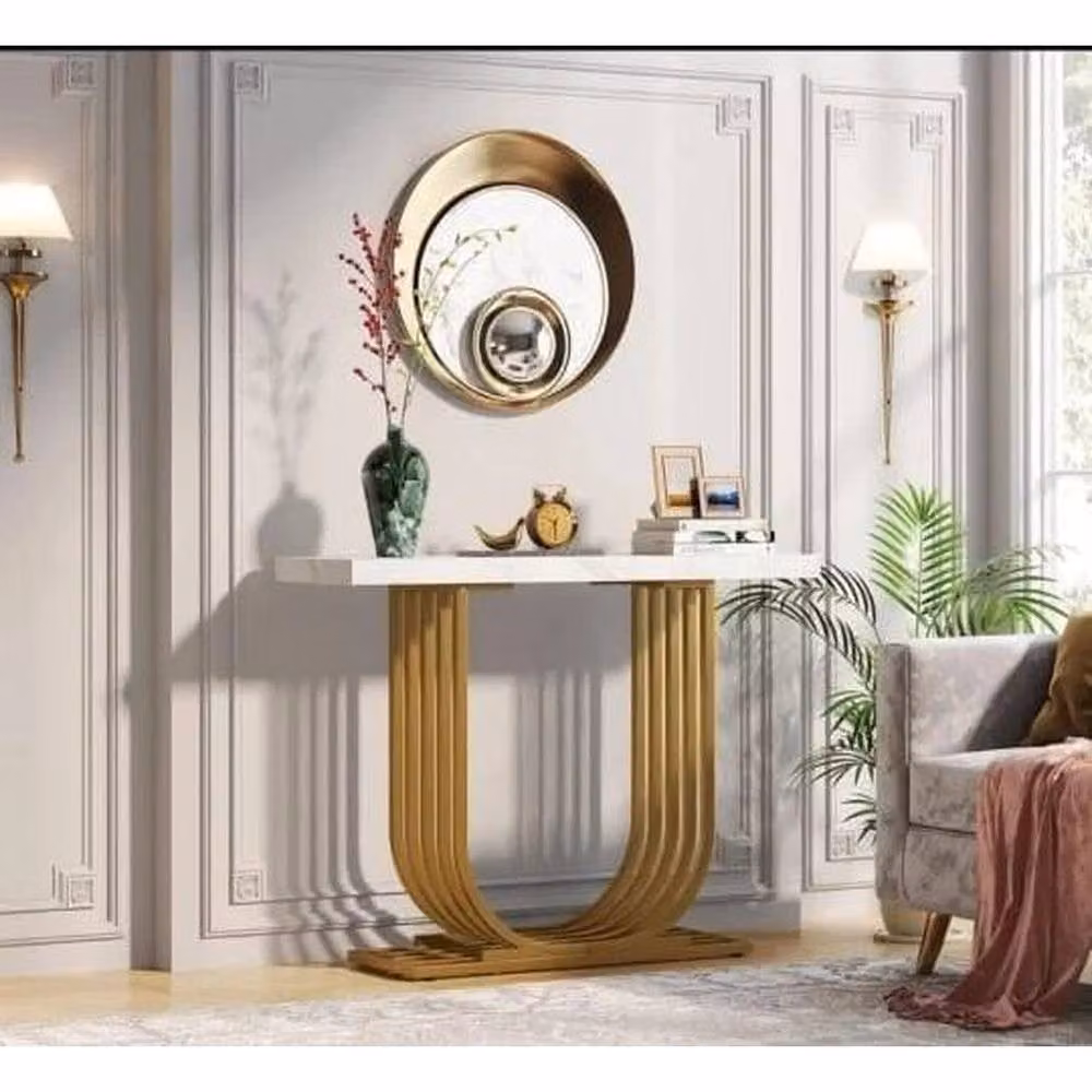 KORVIXA Modern Square Foyer Table with Gold Sled Base, White and Multicolour, W/D/H: 100 x 100 x 5 cm – 2