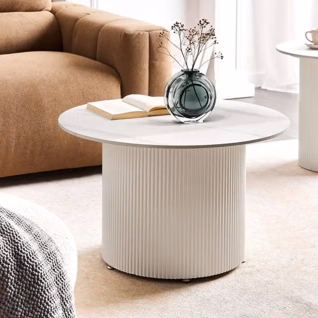 Wyld and Coco Round Coffee Table with Light Beige Sintered Stone Top, Diameter: 70 cm, Height: 43 cm