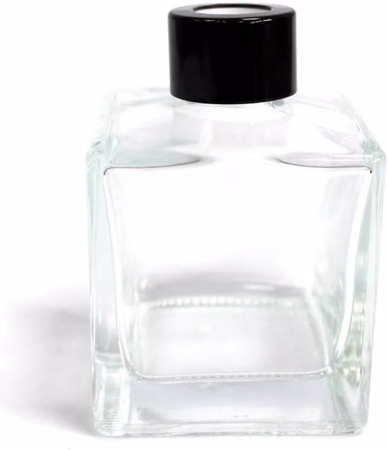 KDMD Square Glass Reed Diffuser Bottle with Black Cap and Plastic Plug, 200ml, Clear