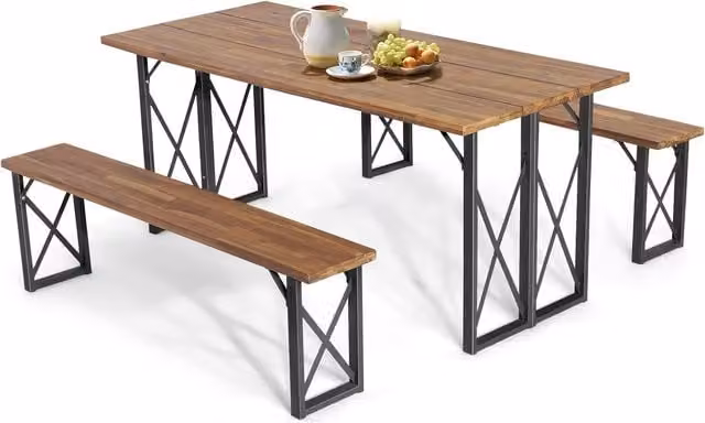 Gymax Brown Acacia Wood Picnic Table and 2 Benches Set with Umbrella Hole