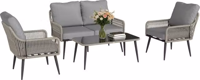 Outsunny 4 Piece Rattan Garden Furniture Set with Glass Top in Grey