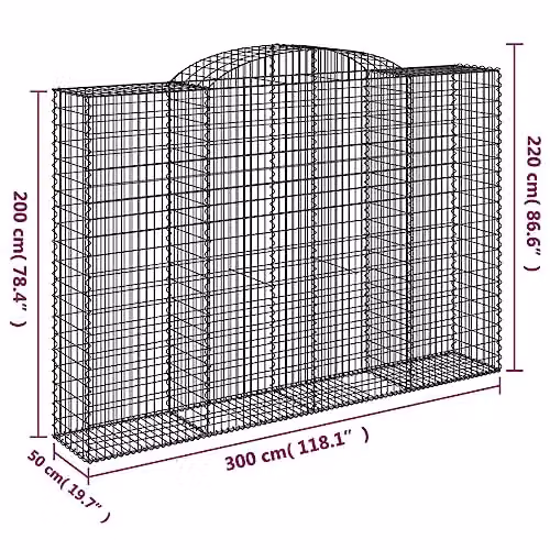 vidaXL Arched Gabion Baskets, 11 Pieces, Grey Galvanised Steel, W: 300 cm, D: 50 cm, H: 200-220 cm – 2