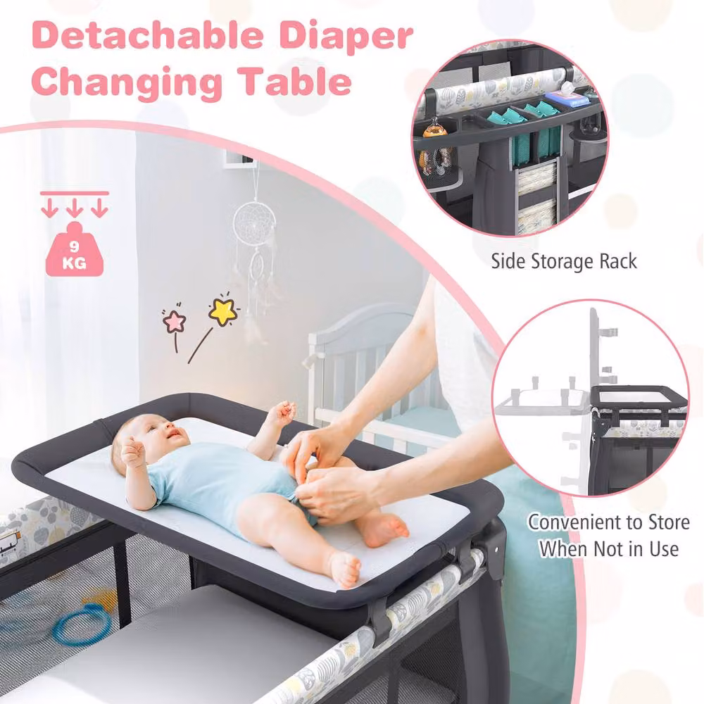 CASART 5 in 1 Portable Pack and Play Baby Nursery Center with Bassinet and Travel Bag in Grey Floral – 10