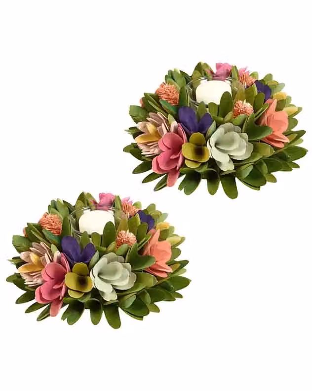 Dibor Set of 2 Floral Colourful Table Decoration Candle Holders, Multicolour and Green, Dia: 16 cm – 2