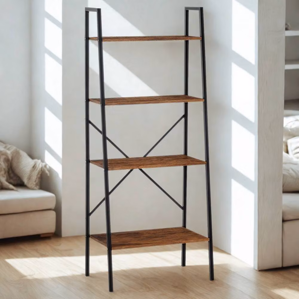 Pirlo Plush 4 Tier Freestanding Ladder Shelf for Living Room Storage, Rustic Brown, H 145 x W 60 x D 37.5 cm – 2