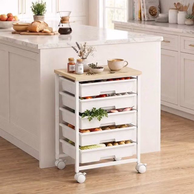 EONLION 6-Tier Storage Trolley with 5 Pull-Out Drawers in White, W/D/H: 53.5 x 38.5 x 100 cm