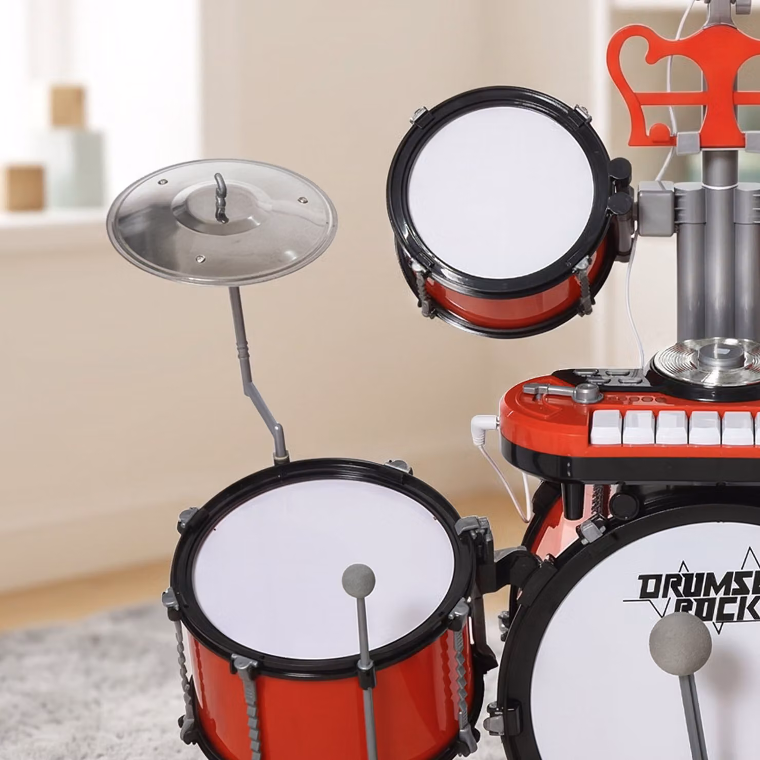 HOMCOM Kids Drum Set for Beginners in Red with Toy Microphone, Cymbal, Pedal and Drumsticks – 5