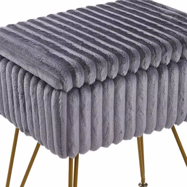 FORGEVIO Grey Modern Corduroy Dressing Table Stool with Gold Metal Frame – 1