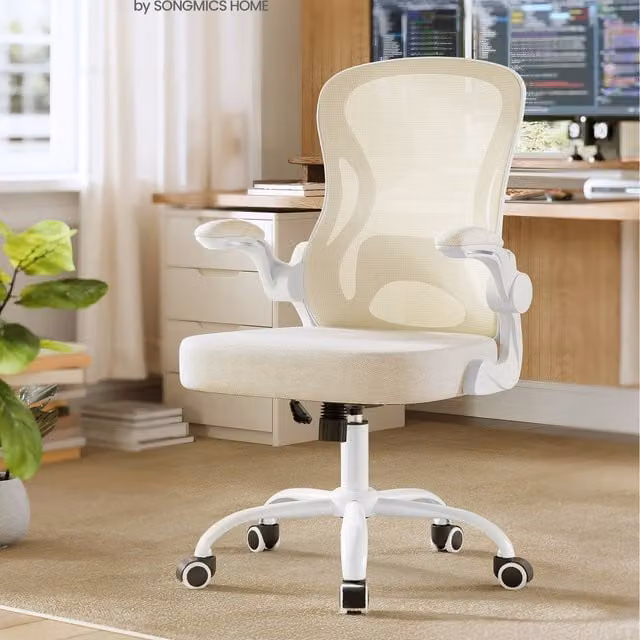 SONGMICS Ergonomic Swivel Office Chair with Armrests in Beige and White