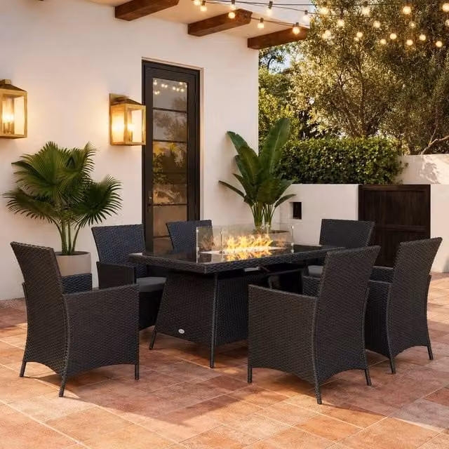 STILVORA Modern Garden Dining Set with Black Fire Pit Table in Metal and Rattan