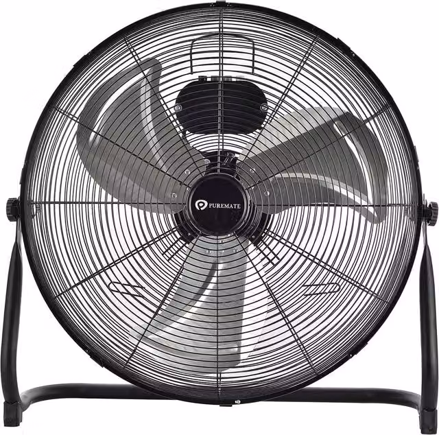 PureMate Chrome Gym Floor Fan in Black and Silver with 3 Speeds and Adjustable Head – 6