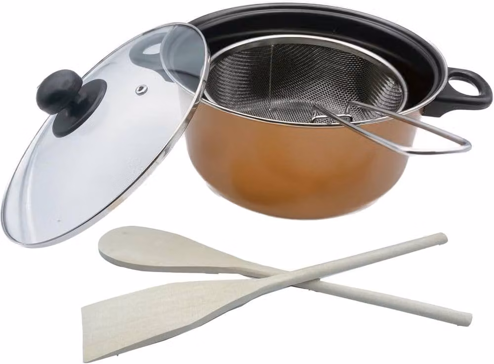 Almineez 5pc Non Stick Chip Pan Set with Frying Basket and Glass Lid, Black or Copper, 24cm, 2l – 5