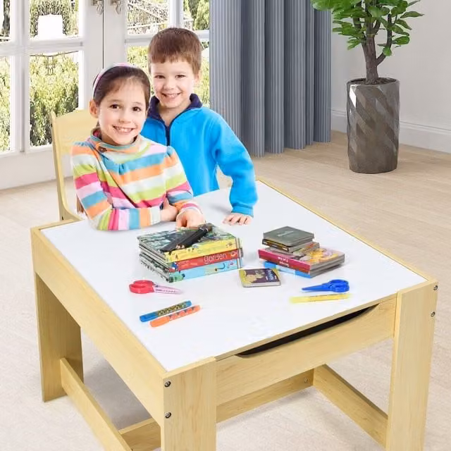 COSTWAY Brown Kids Table and Chair Set with Square Trestle Table