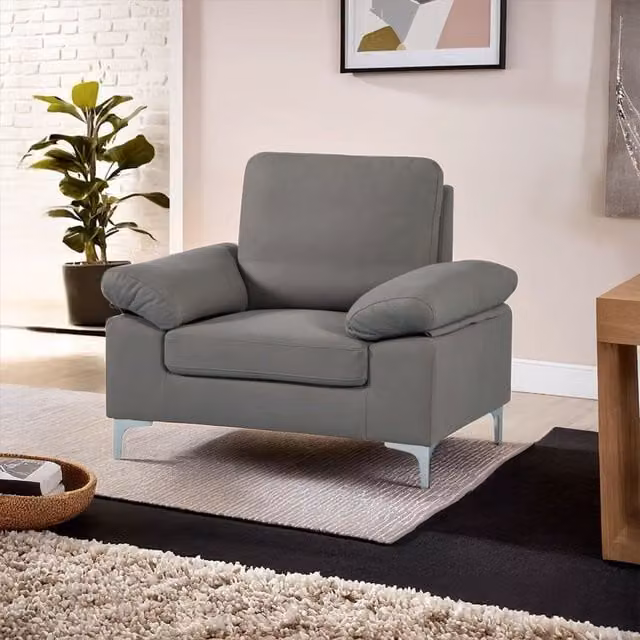 KOSY KOALA Modern Grey Fabric One Seater Sofa with Chrome Metal Feet
