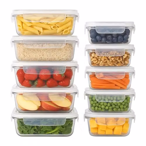 Harbour Housewares 10 Pack Glass Food Storage Containers with Airtight Lids, 1040ml and 370ml, Transparent and White, BPA-Free, Leakproof, Microwave and Freezer Safe – 1