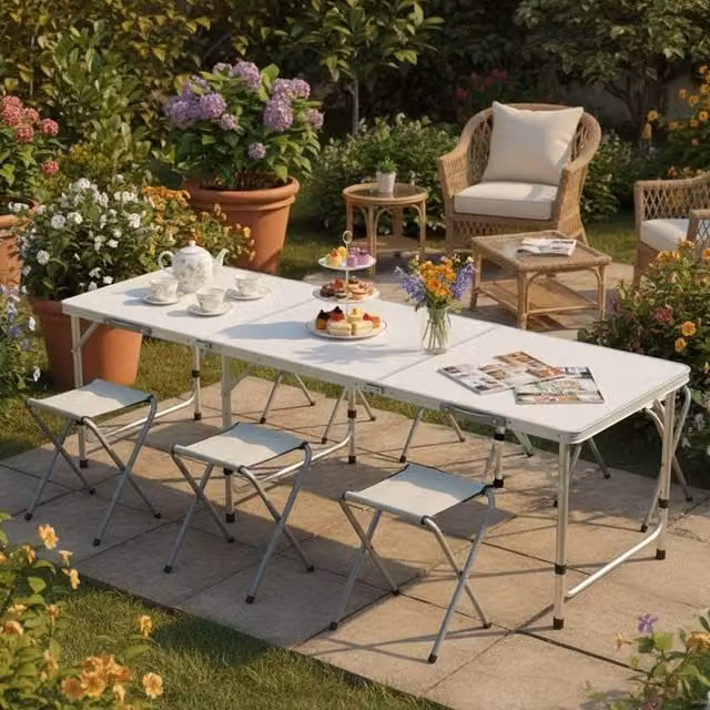 Ventryn Silver and White Metal Folding Trestle Table for Outdoor Use