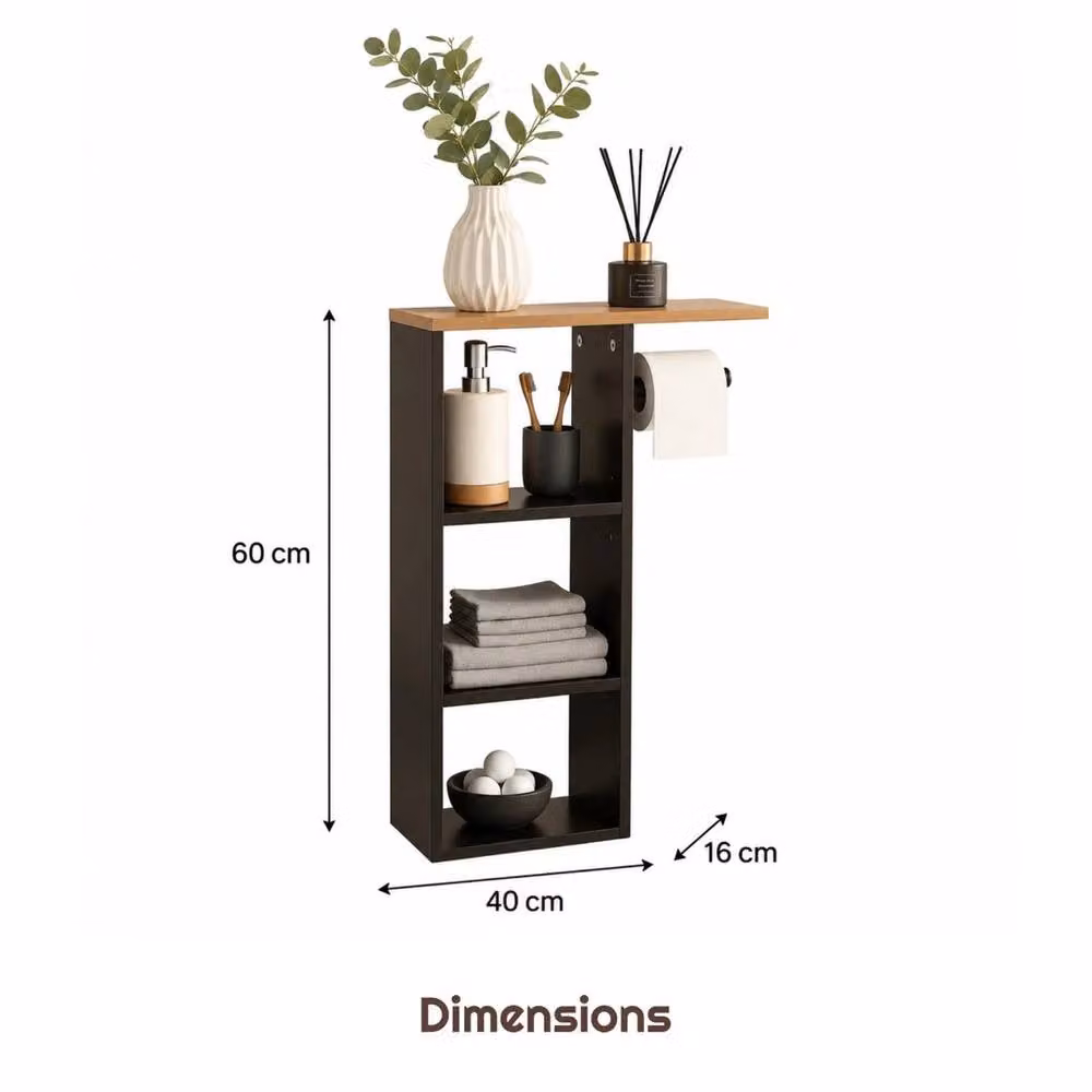 FORGEVIO Black Wood Freestanding Toilet Roll Holder Bathroom Storage, H 60 x W 16 x D 16 cm – 2