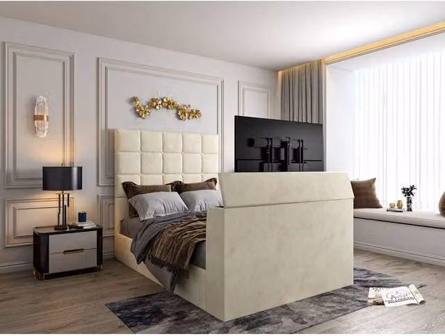 KDMD Luther Upholstered TV Bed Frame in Beige, Super King, W/D/H: 200 x 200 x 189 cm