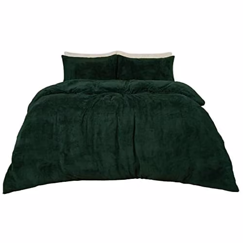 OHS Thermal Soft Teddy Fleece Duvet Cover and Pillowcase Set, Green, Duvet Cover: 200 x 200 cm, Pillowcases: 50 x 75 cm – 1