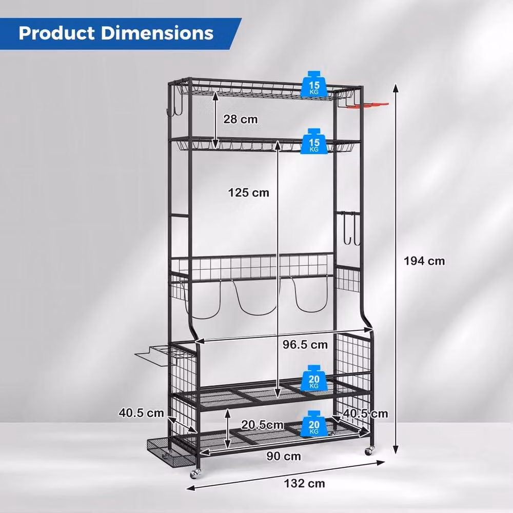 Kelvenix Mobile Sports Equipment Organizer in Black with Shoe Rack and Hanging Rod – 2