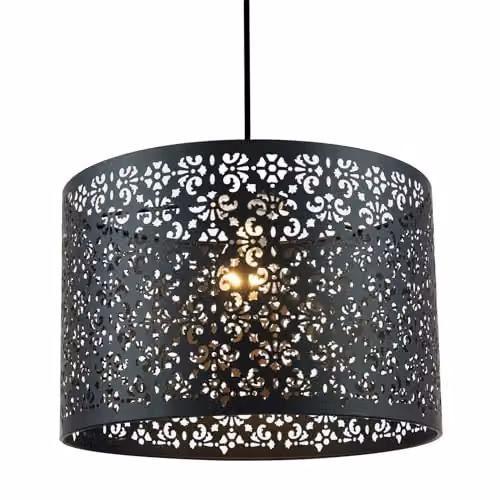 Happy Homewares Moroccan Designed Matte Black Metal Circular Pendant Light Shade with Floral Decor, Diameter: 30.48 cm