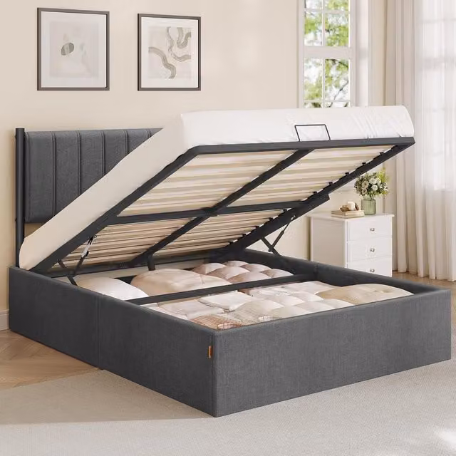VASAGLE Modern Double Bed Frame with Hydraulic Lift-Up Storage in Grey and Blue