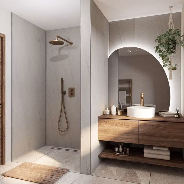 Wetwall Laminate Wall Panel Tongue and Groove Gris Granite Stone Look W: 88.0 cm, H: 242.0 cm, D: 1.1 cm