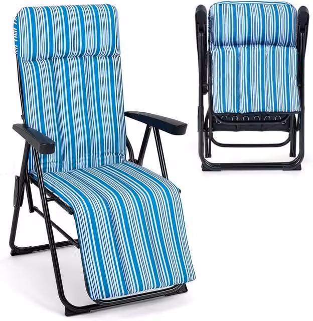 Gymax Blue Striped Foldable Sun Lounger Recliner with Adjustable Headrest and Armrests